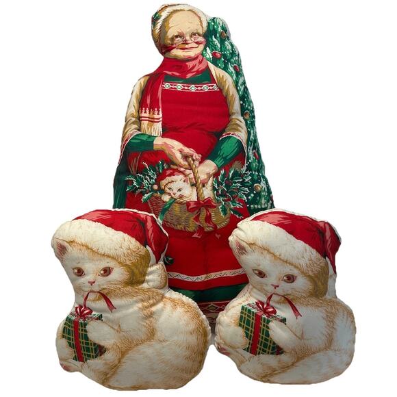 Vintage Christmas Stuffed Mrs Claus Cat Pillow Doll Cut & Sew Fabric Panel Set - Picture 1 of 10
